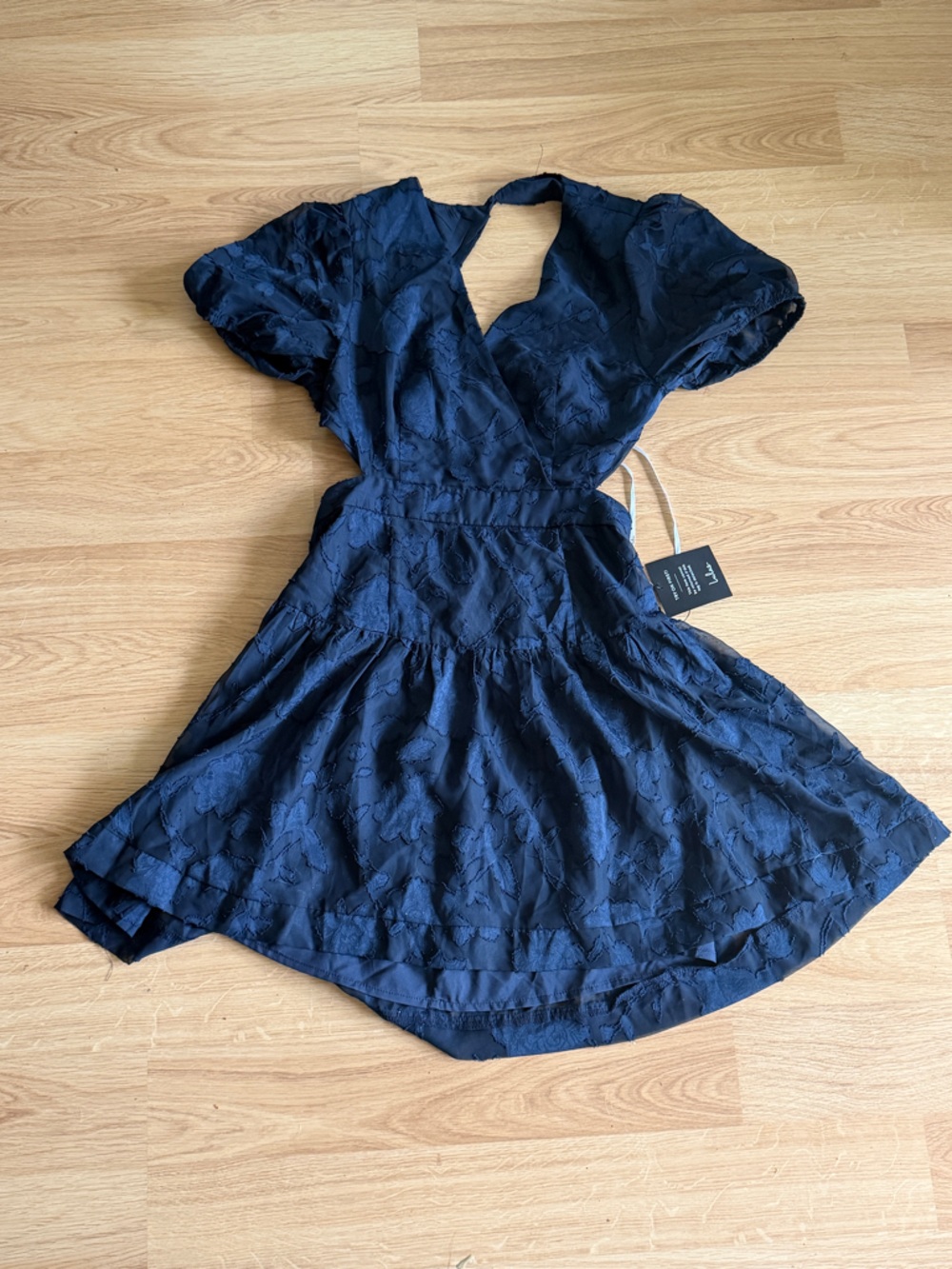 Navy Floral Textured V-Neck Women's Dress